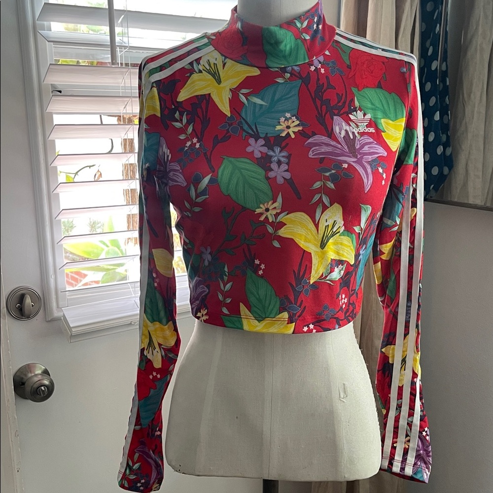 Adidas Red Floral Crop Long-Sleeve Top with Stripes